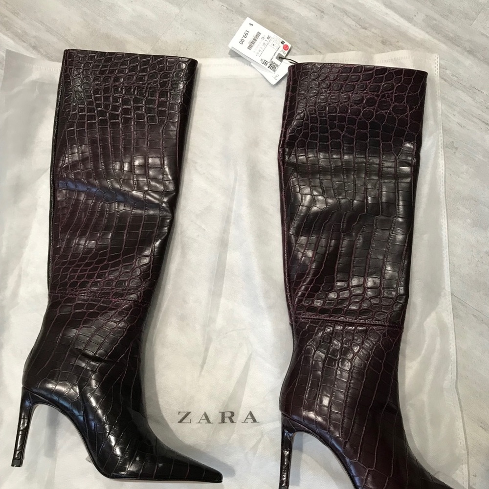Zara animal print heeled leather boots, burgundy - Picture 3 of 5